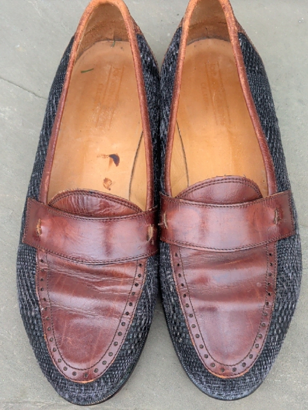 Johnston&Murphy/Made In Italy Men's Brown Leather & Charcoal Woven Penny Loafers - Picture 2 of 14